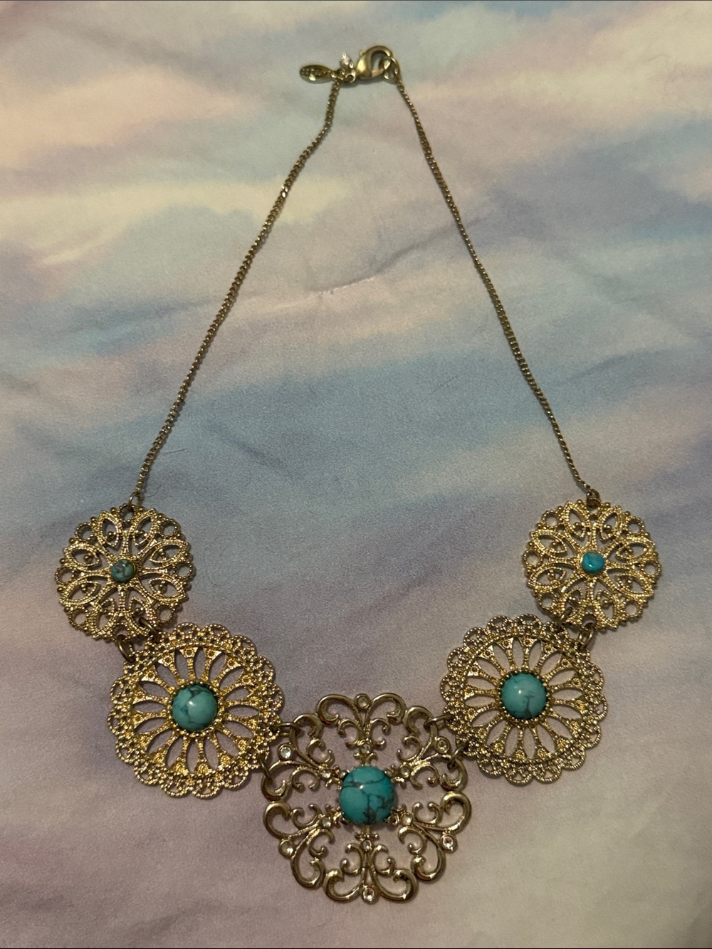 Beautiful EXPRESS Statement Necklace Turquoise and Gold Mandala Design Like New!